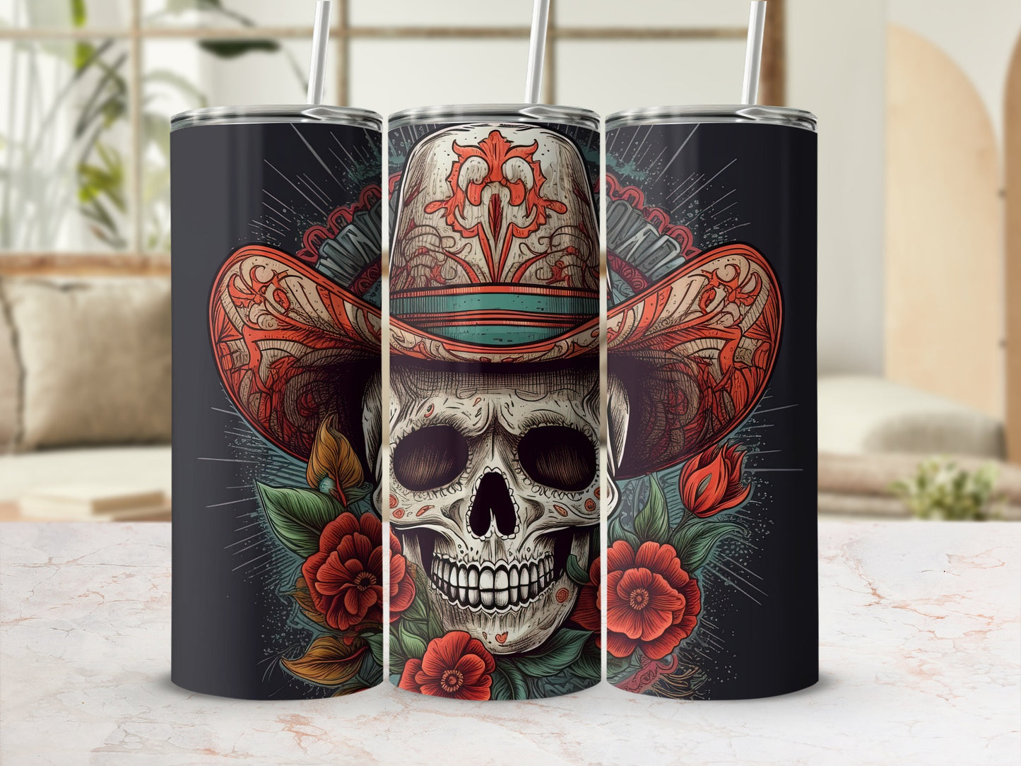 Skull with Western Hat and Florals Tumbler product