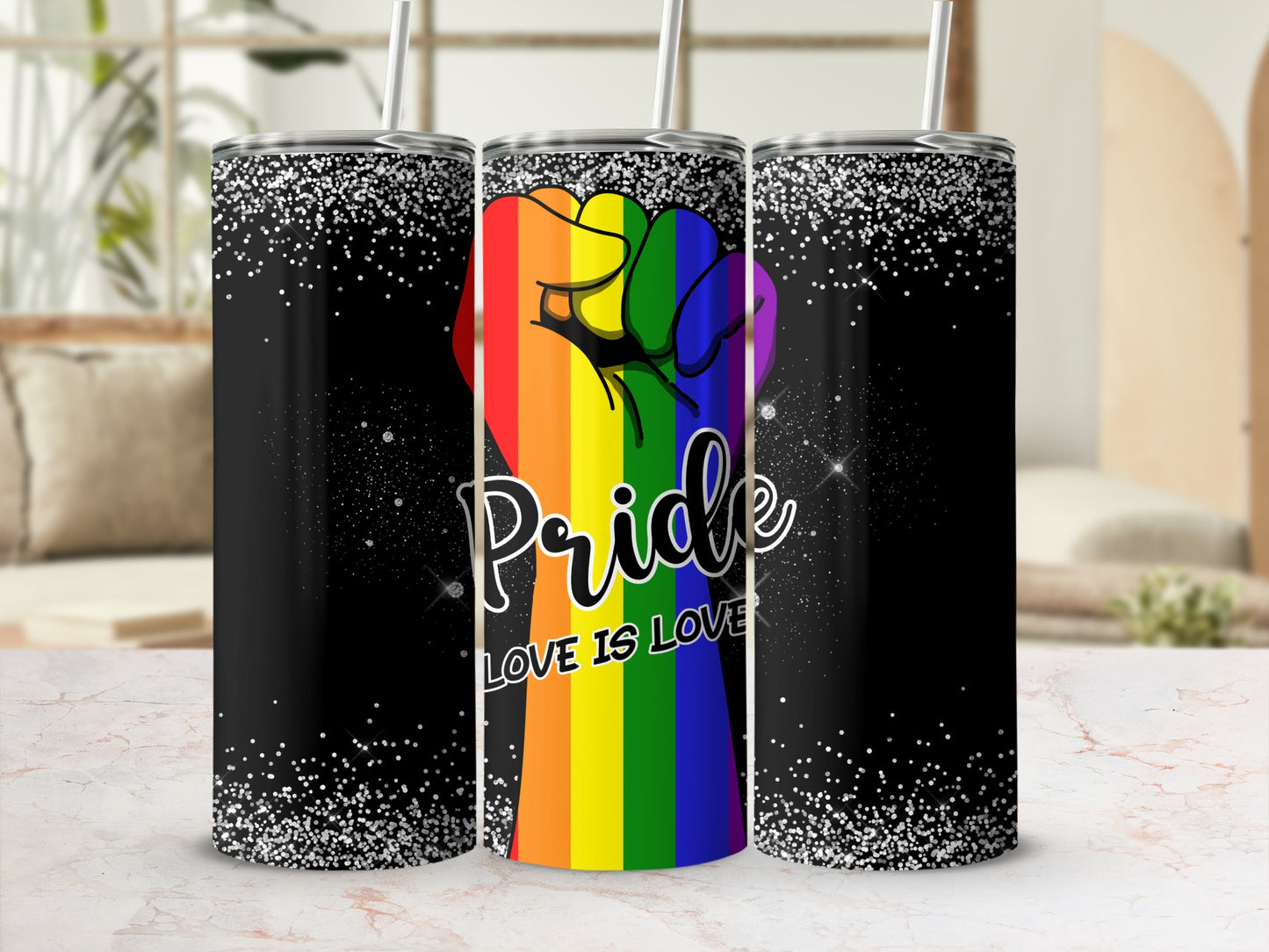 Pride rainbow fist tumbler with "Love is Love" text.