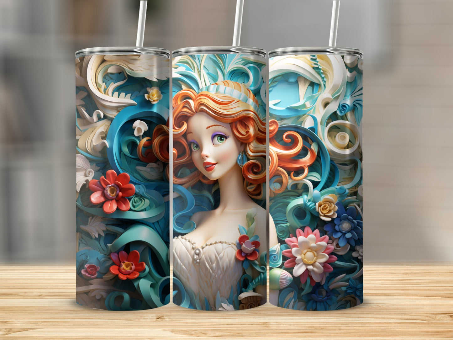 Floral Mermaid Art Design Insulated Tumbler