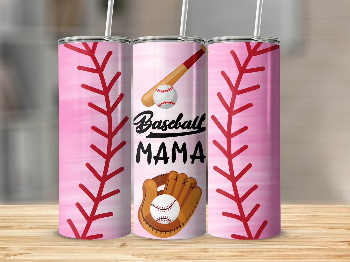 Pink Baseball Mama Tumbler with Bat and Glove Design