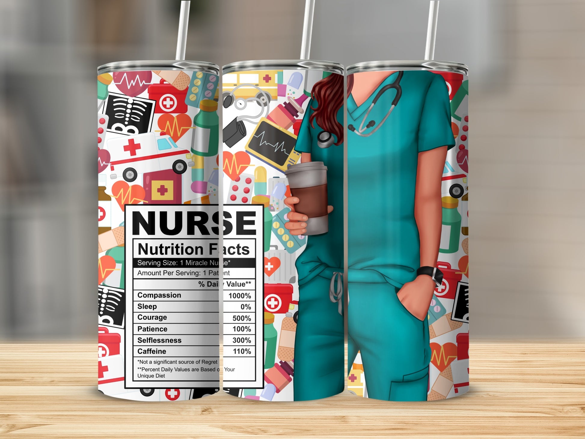 Tumbler featuring "Nurse Nutrition Facts" with medical icons and stethoscope.