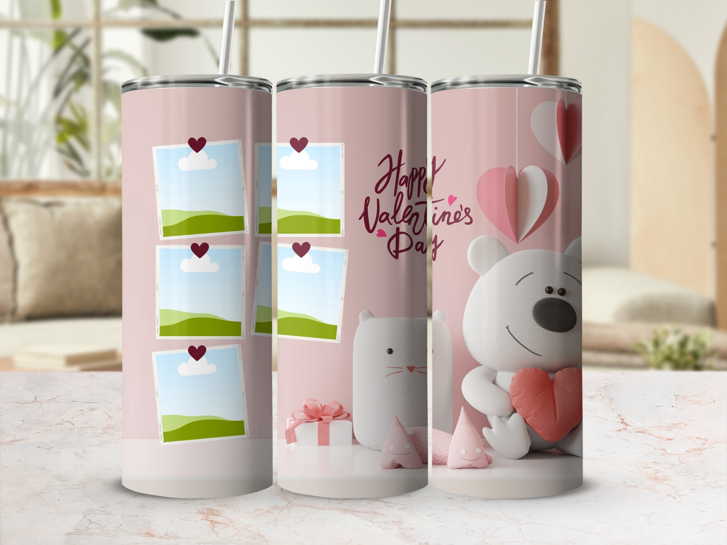 Tumbler with collage of photo frames, happy Valentine's Day text, and a bear holding a heart.