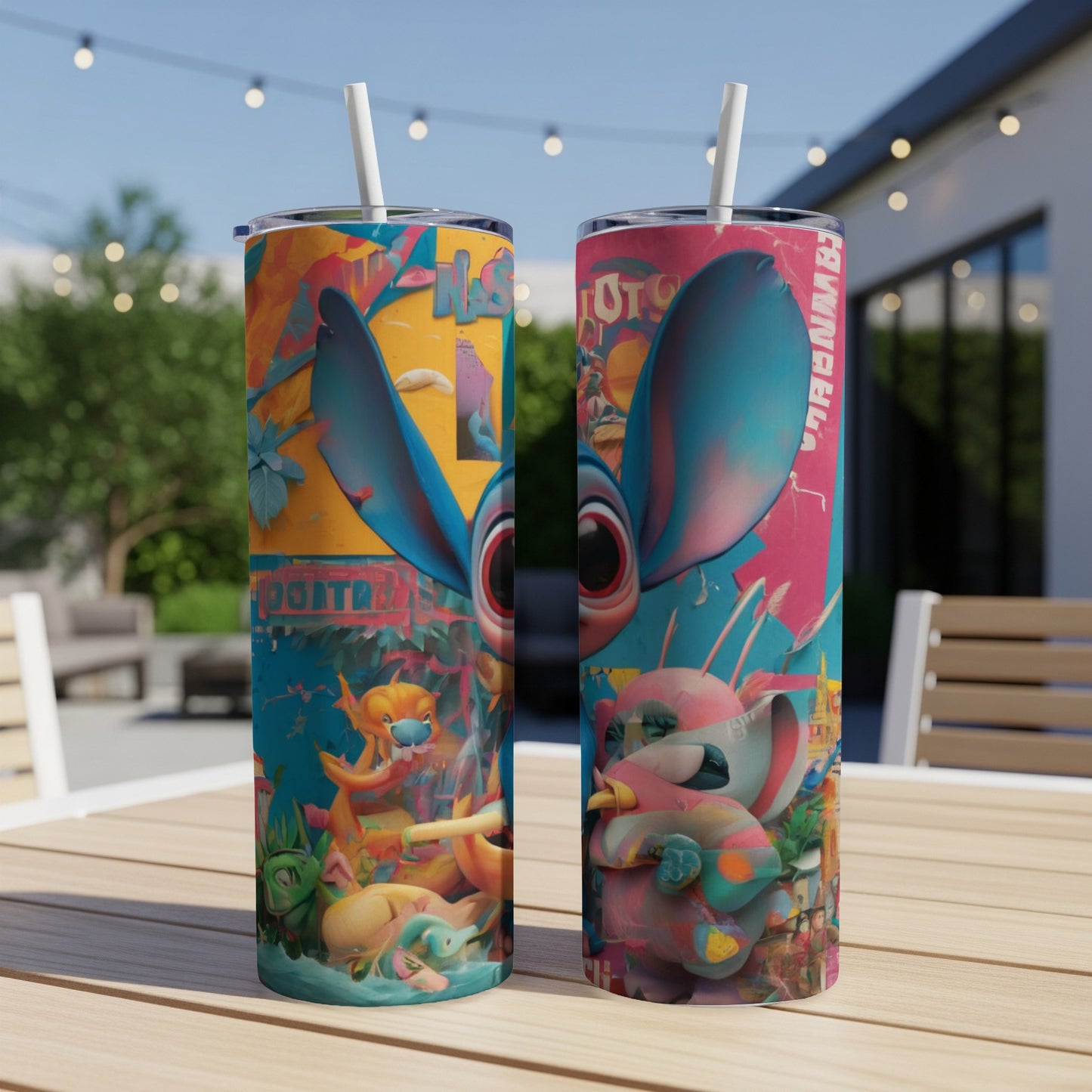 Two tall tumblers featuring a colorful cartoon character with large ears on a table.