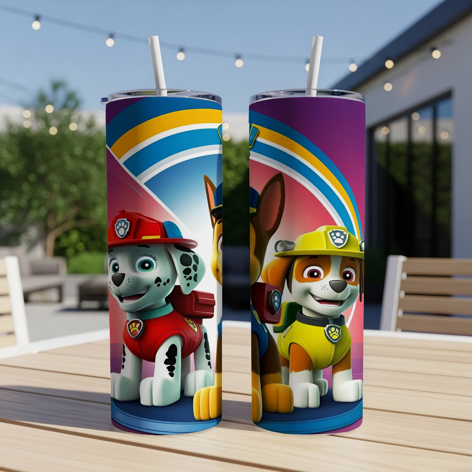 Paw Patrol characters Marshall and Chase on two purple and blue striped tumblers.