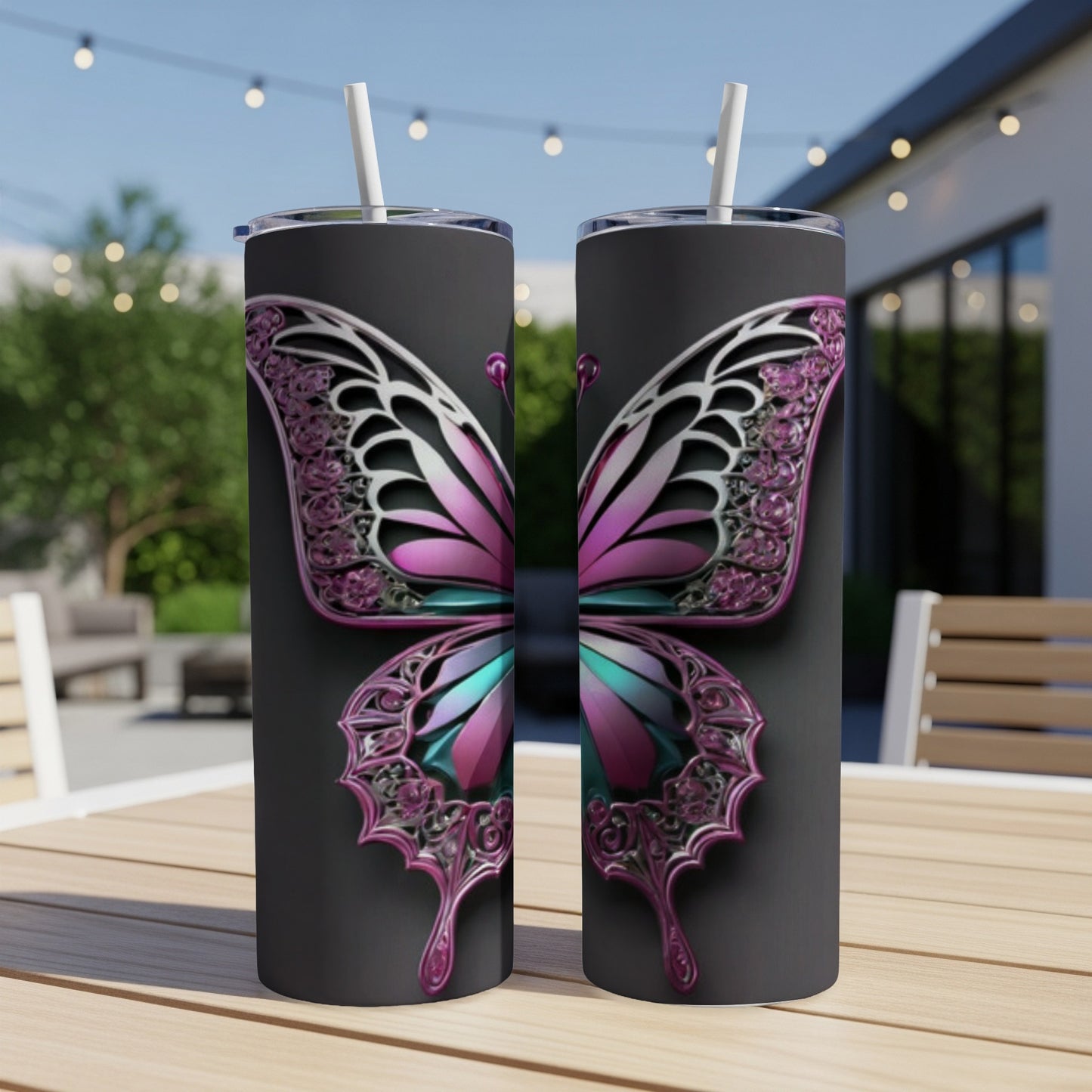 Two tumblers with iridescent butterfly wing design on a dark background.