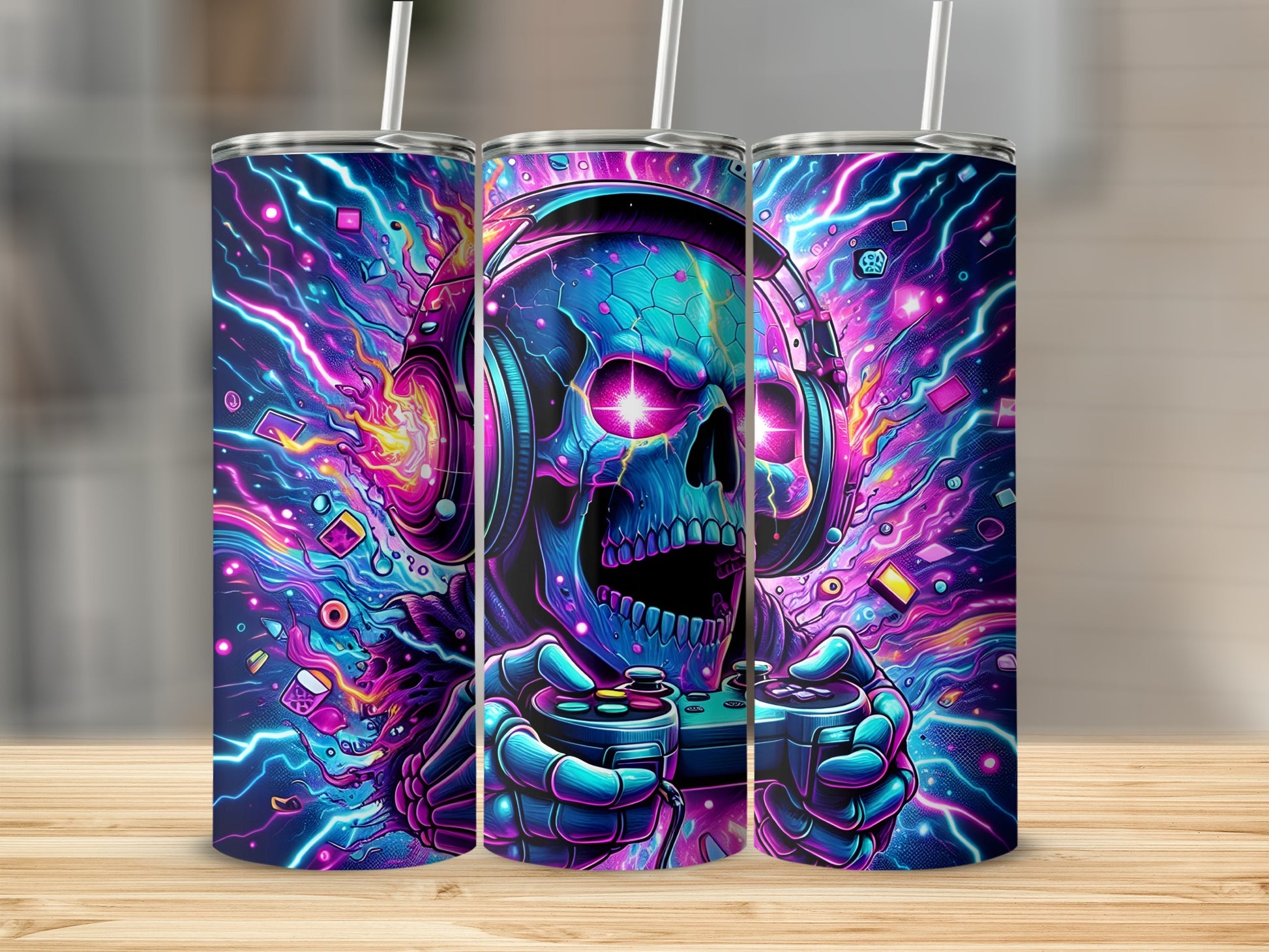 Skull with headphones and controller, surrounded by electric blue and pink energy.