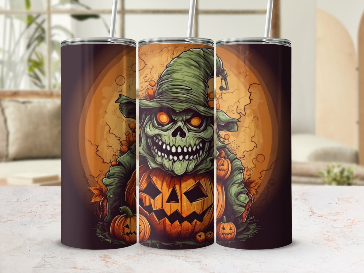 Halloween tumblers with a skull character wearing a witch hat and surrounded by pumpkins.