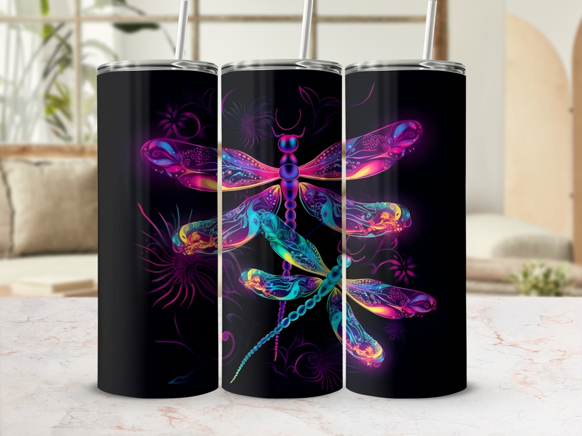 Vibrant Dragonfly Art Design on Black Tumbler Cup