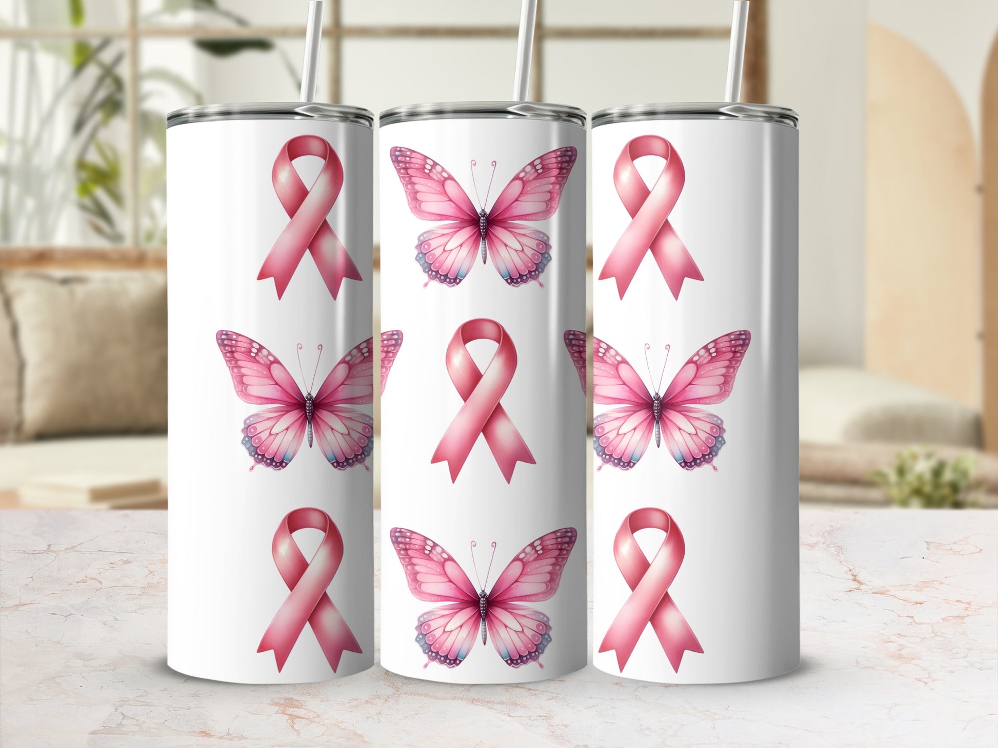 White tumbler with pink butterflies and awareness ribbons.
