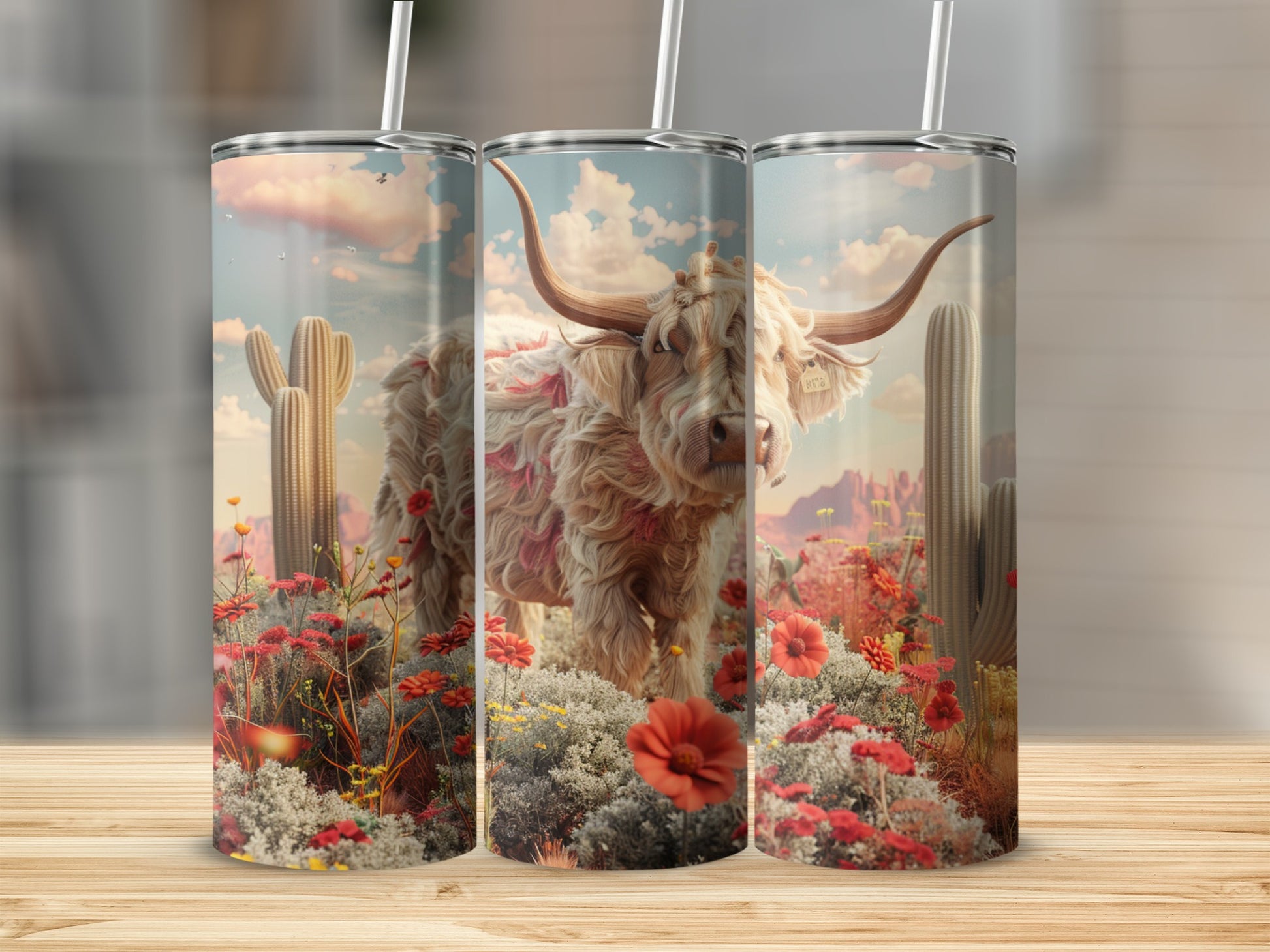 Highland cow with long horns in desert landscape with cacti and red flowers.