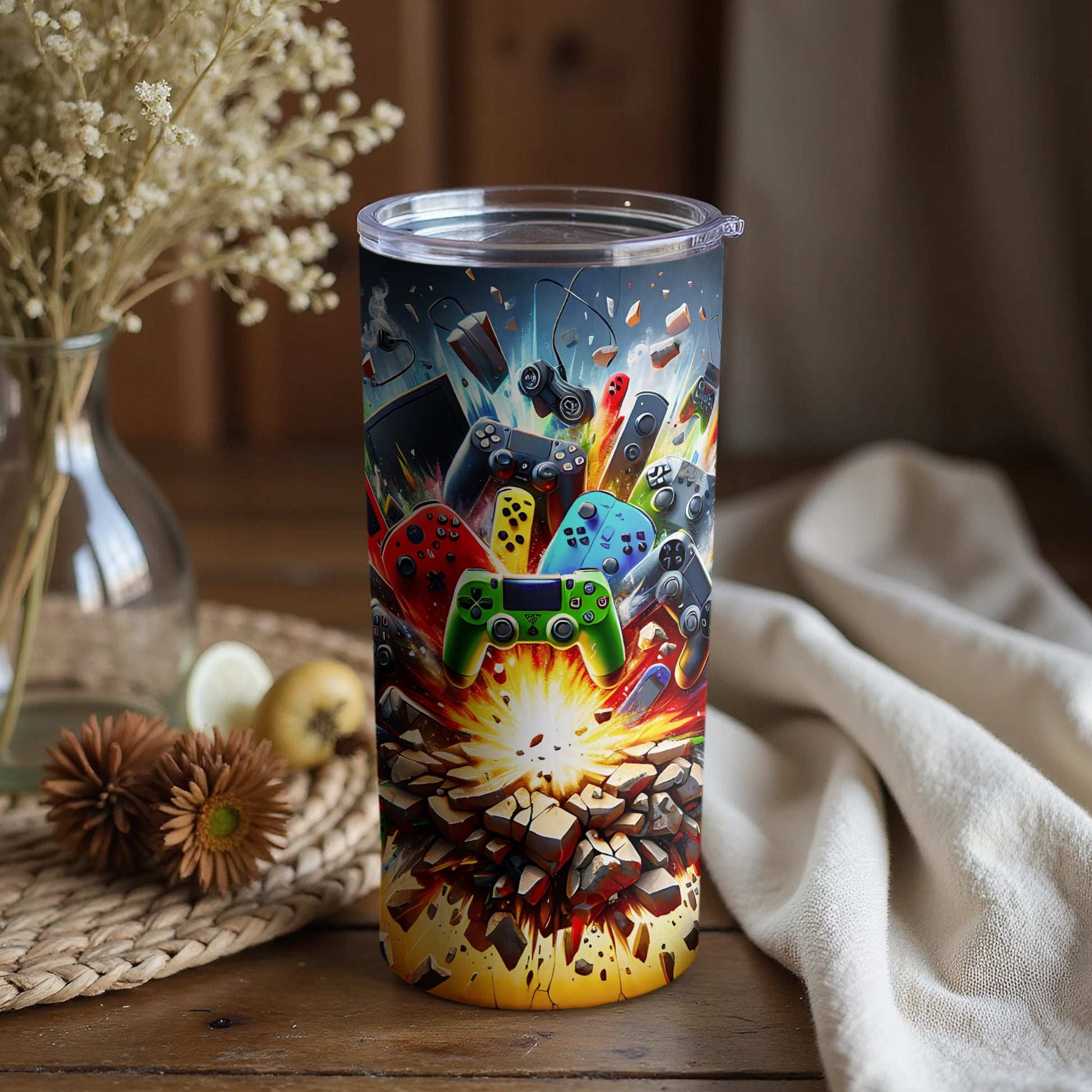 Vibrant Explosion Video Game Controllers Tumbler