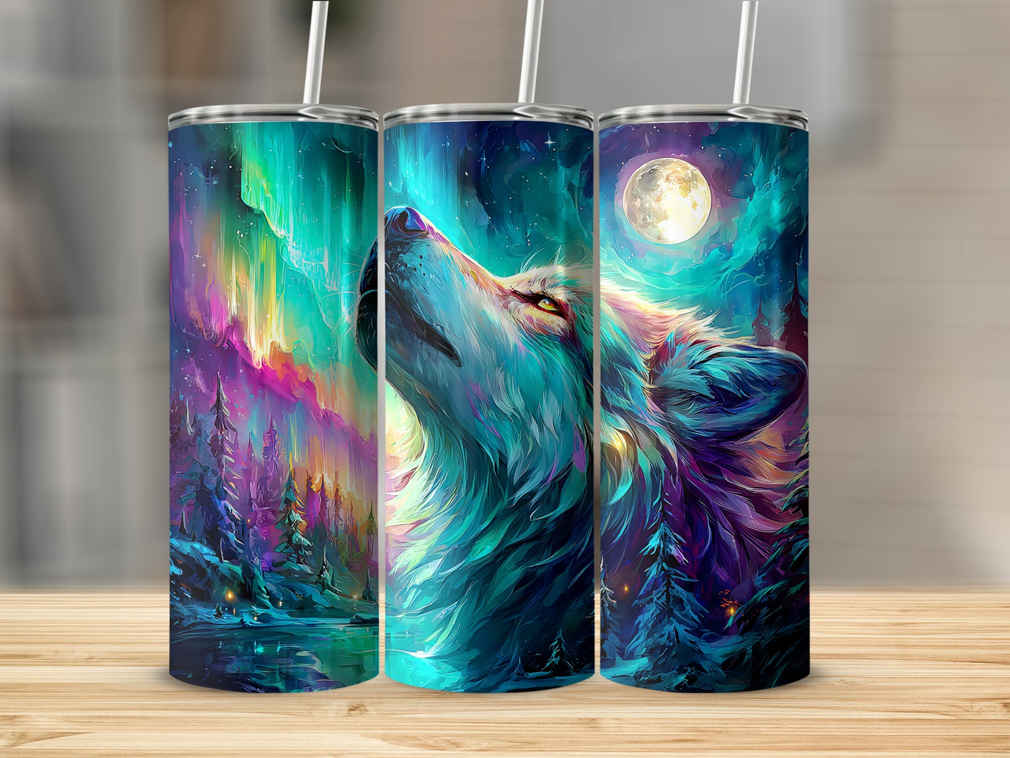 Vibrant Wolf and Northern Lights Design Tumbler