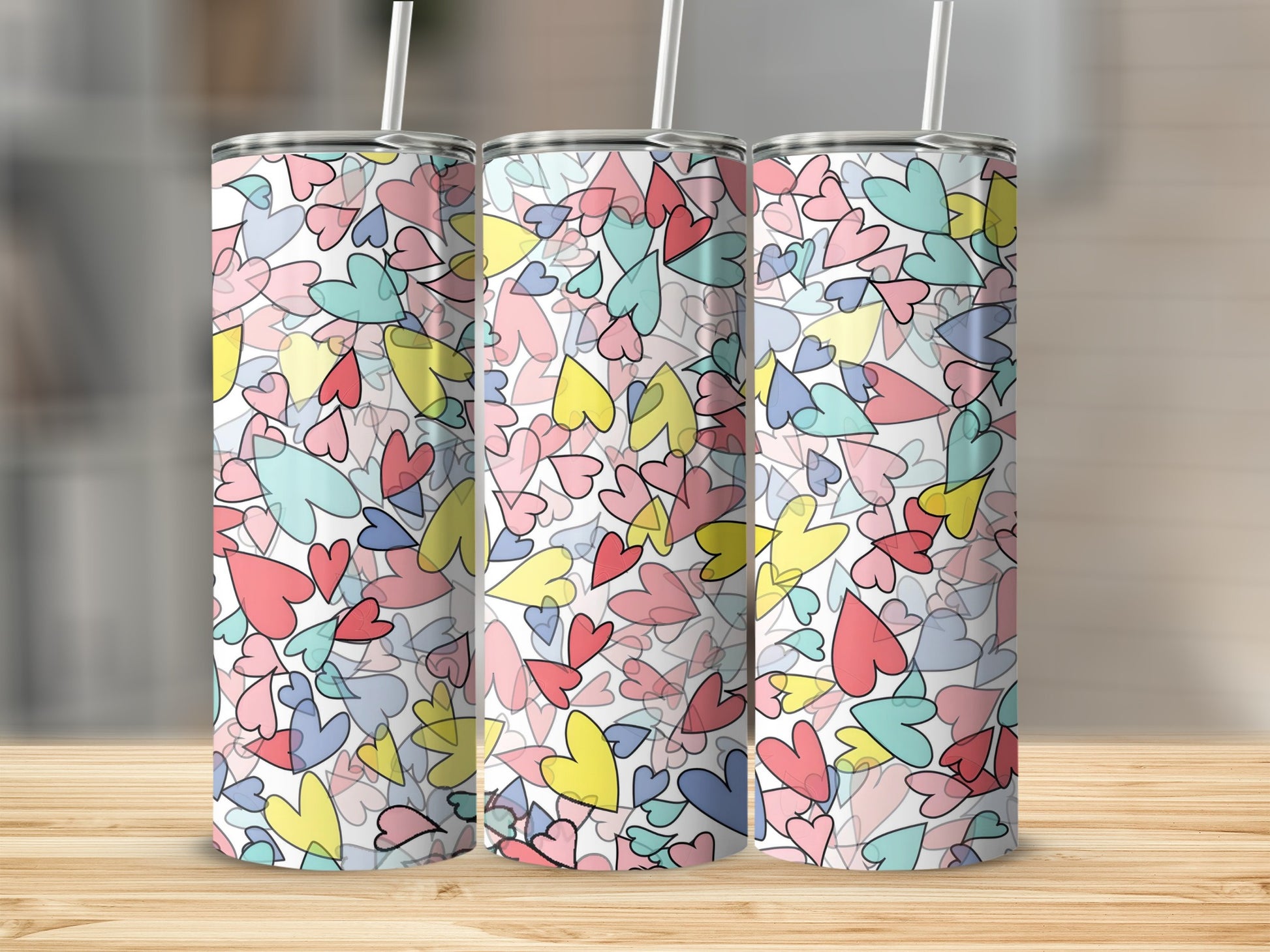 Colorful Hearts Pattern on Tumbler Drinkware Product