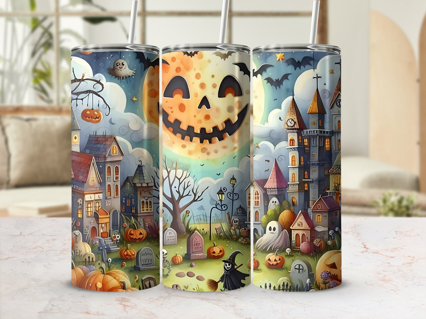 Three tumblers with a Halloween scene featuring haunted houses, pumpkins, ghosts, and bats.