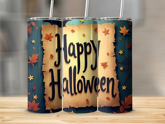 Three tumblers featuring a "Happy Halloween" message with autumn leaves and spiderwebs.