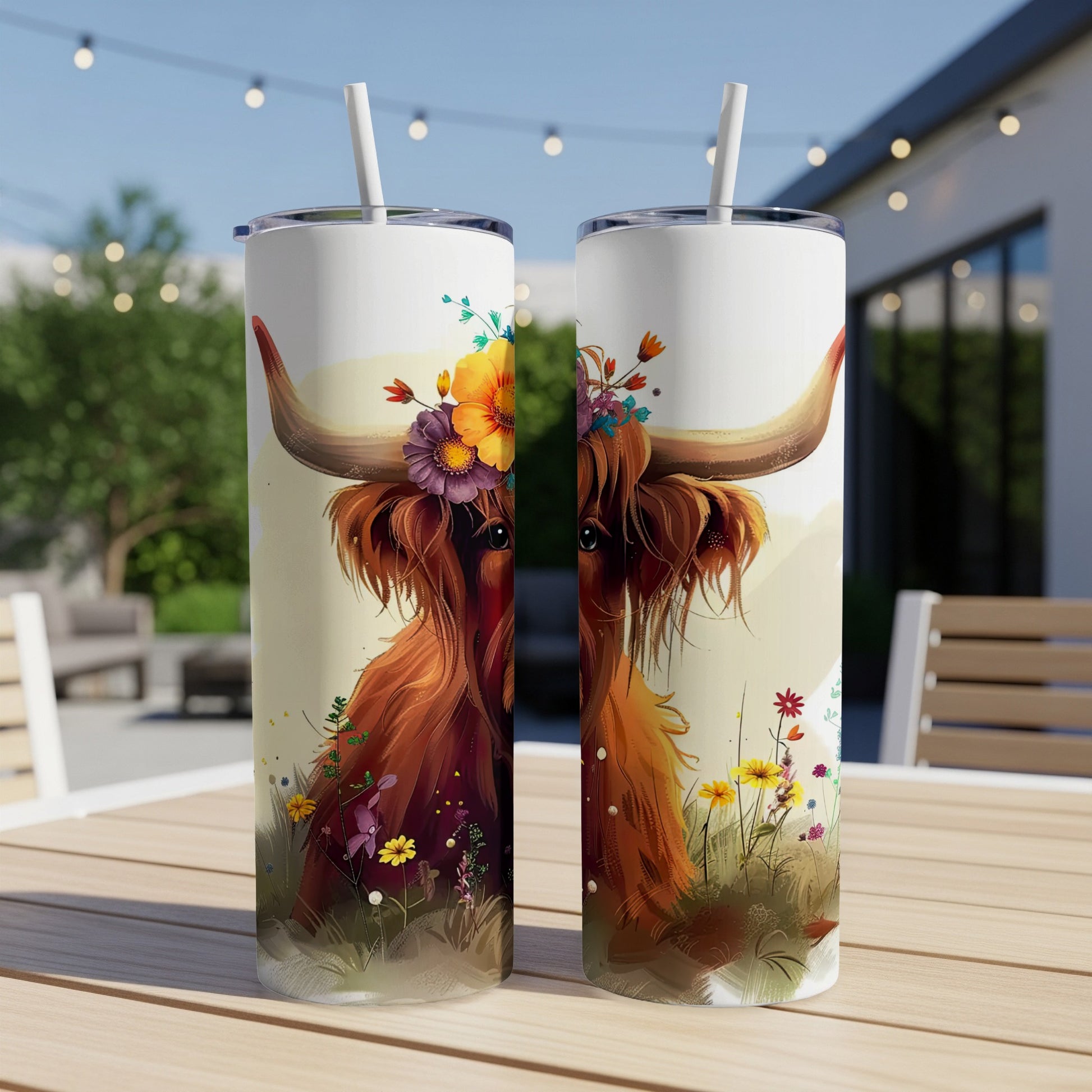 Highland cow with floral crown on tumblers, on a table outdoors.