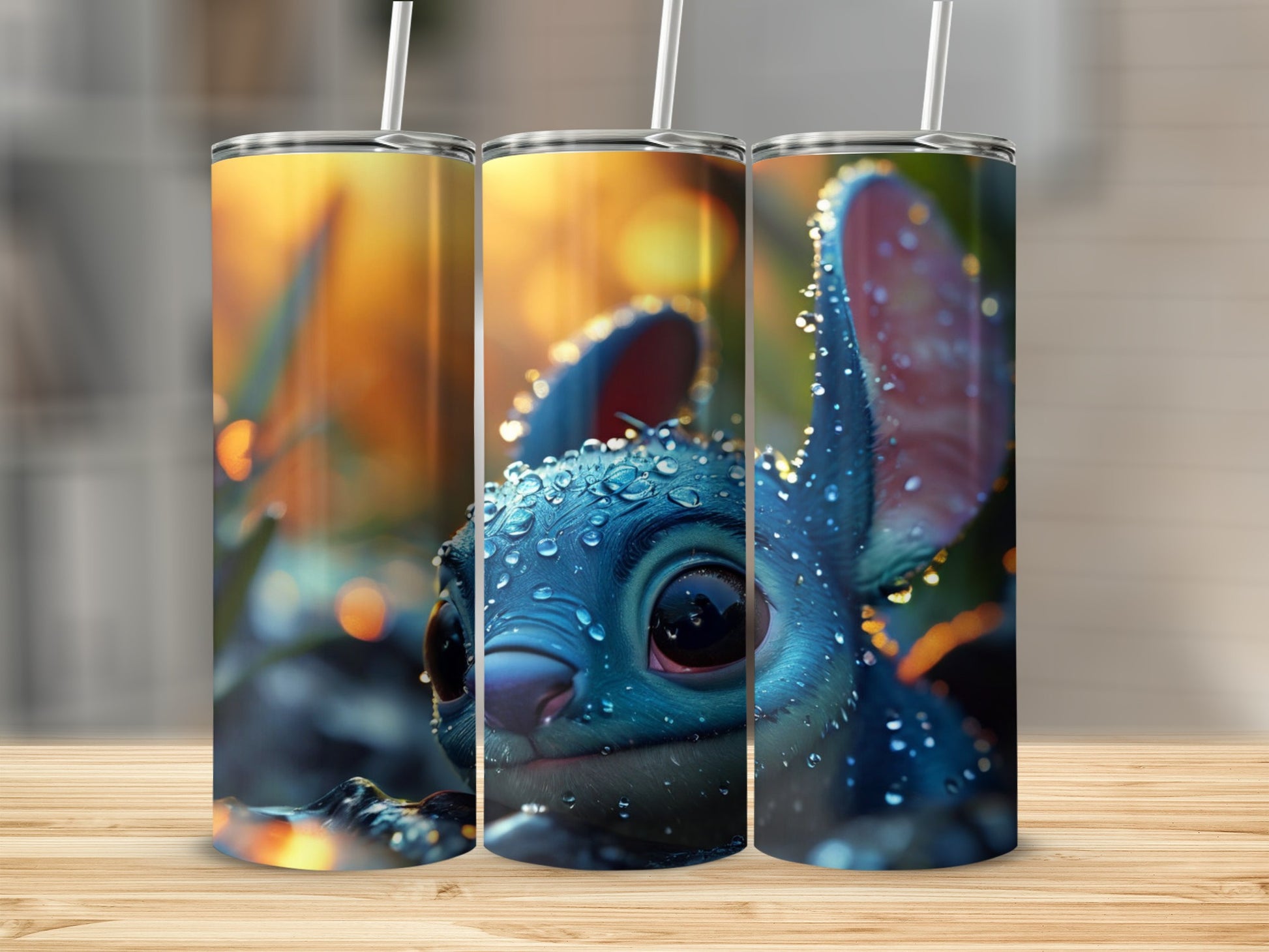 Stitch character with water droplets on fur, digital art.