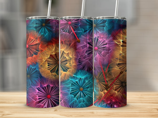 Three tumblers with colorful, abstract dandelion designs on a wooden surface.