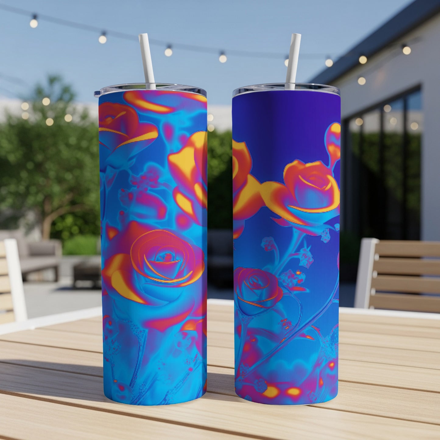 Two blue tumblers with vibrant, stylized rose designs and straws.