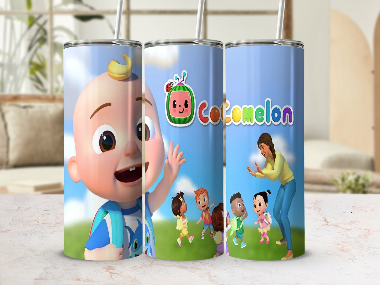 Cocomelon characters with JJ waving, against a bright blue sky backdrop.