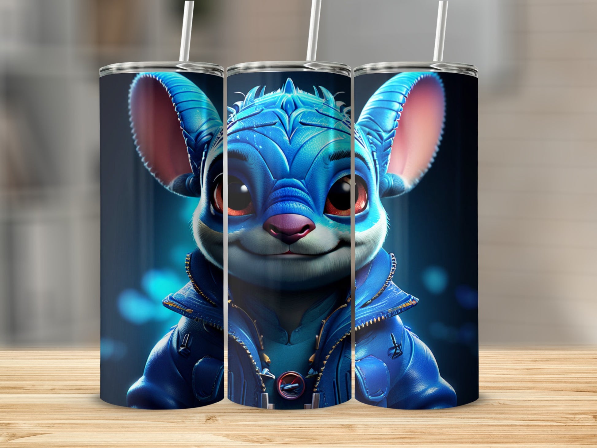 Blue cartoon character with large ears and jacket on a tumbler.