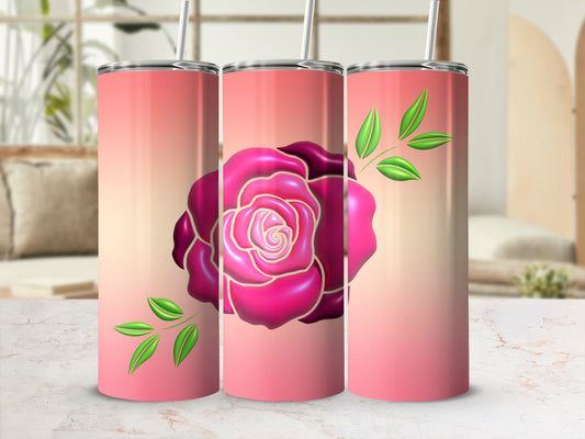 Fuchsia pink rose golden lines green leaves tumbler product type