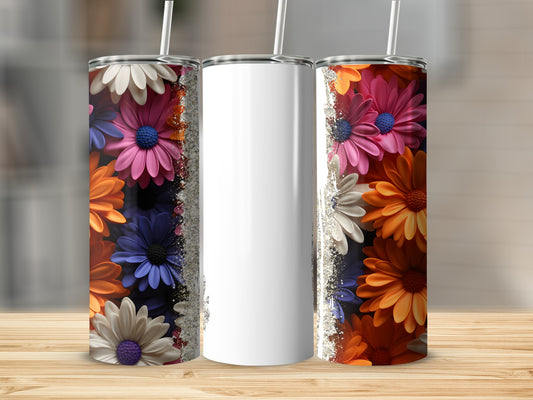 Three tumblers with floral designs and a white blank tumbler.