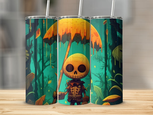 Skeleton character with an umbrella in a dark, stylized forest.