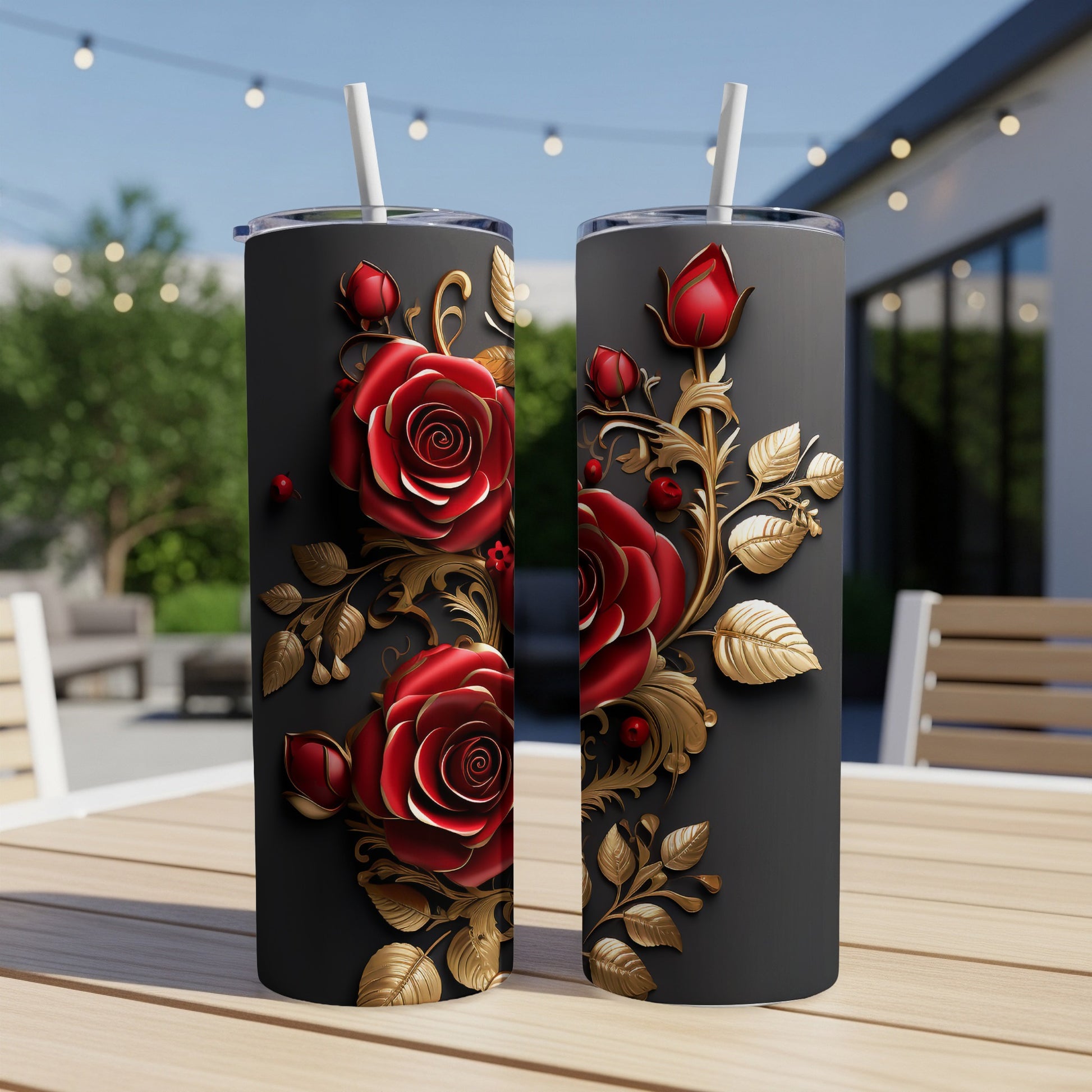 Two dark tumblers with intricate red rose and gold leaf designs.