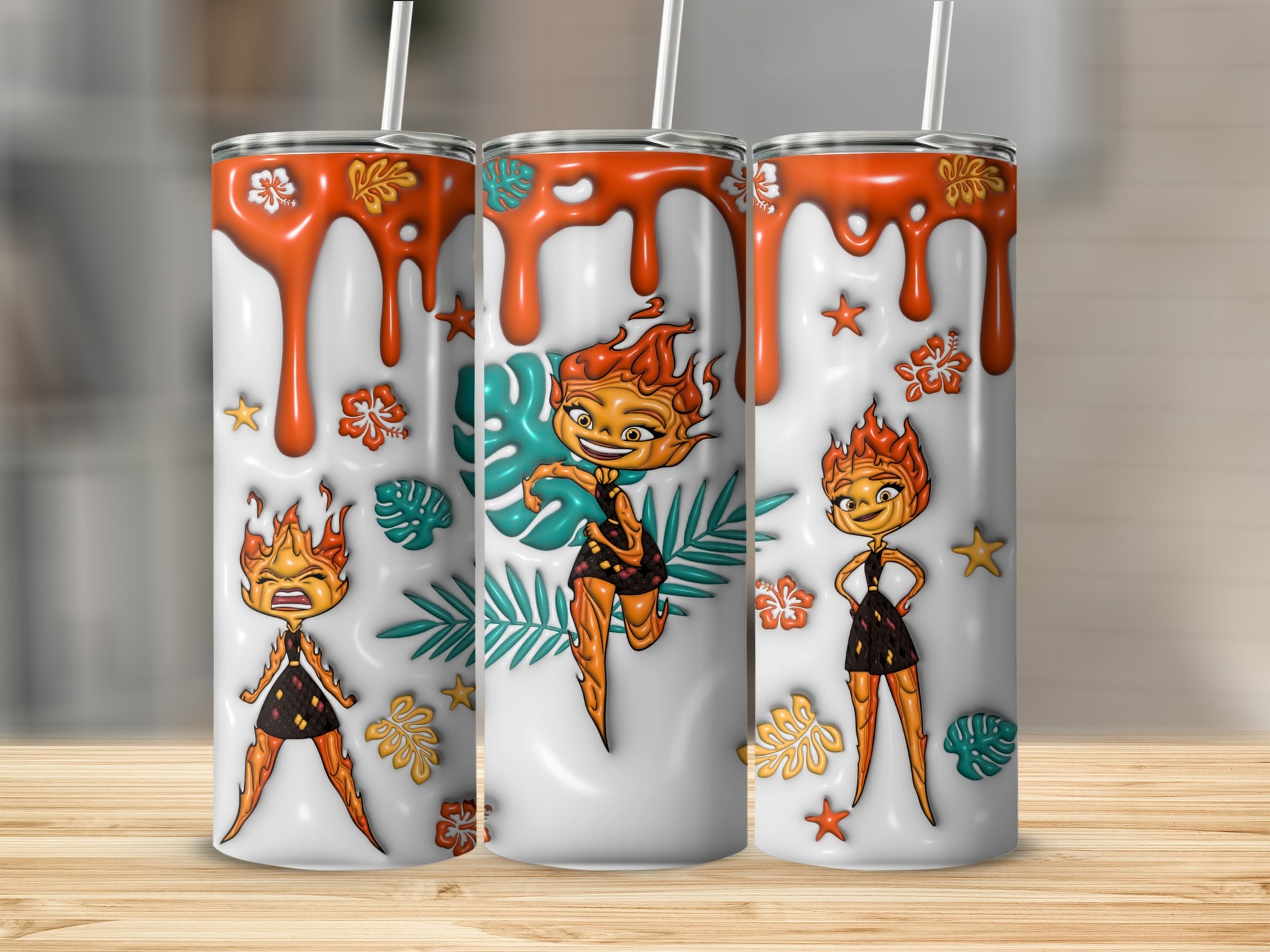 Three tumblers with cartoon fire girl in tropical setting.
