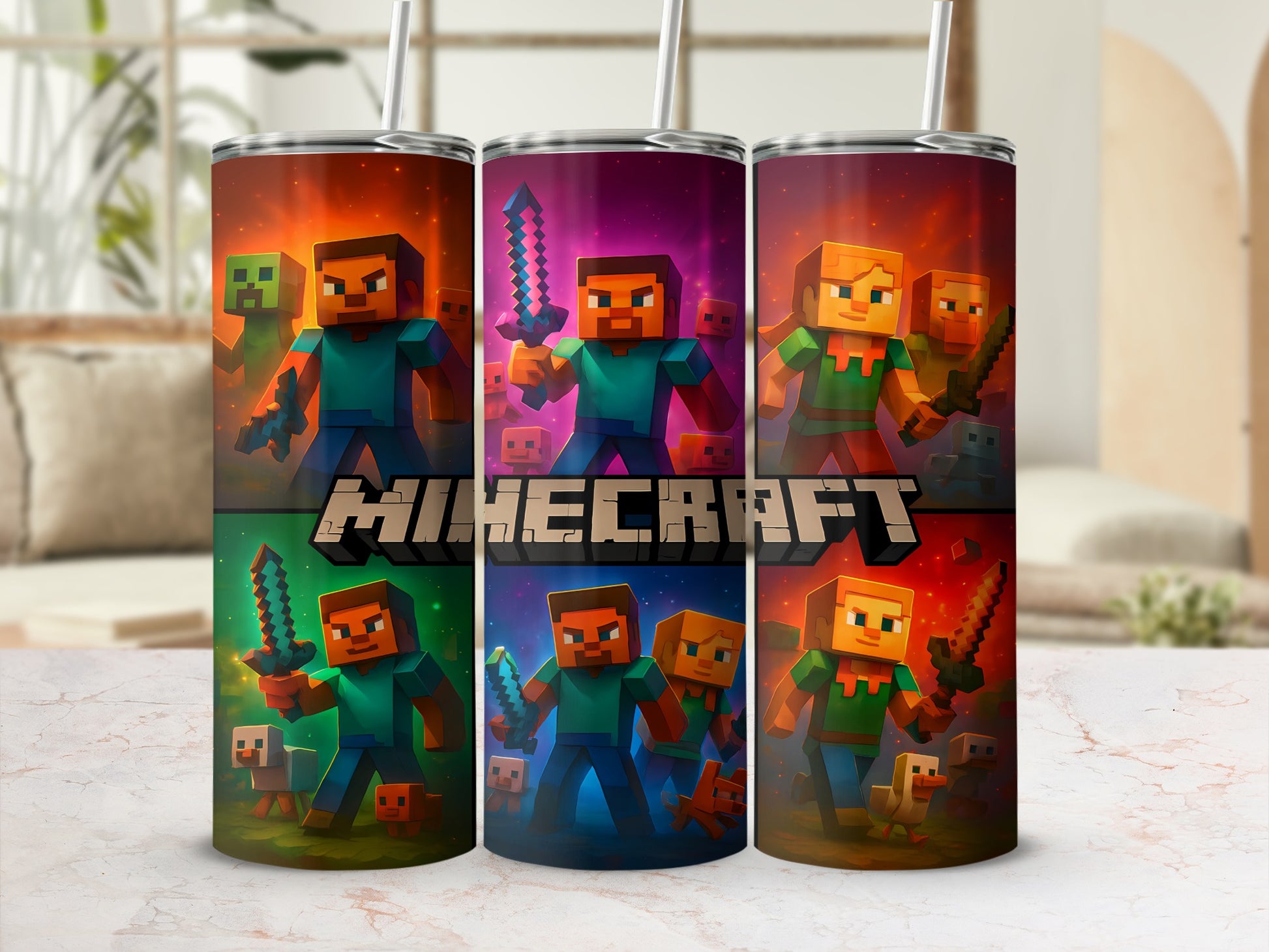 Colorful Minecraft Themed Tumbler With Straw Cup