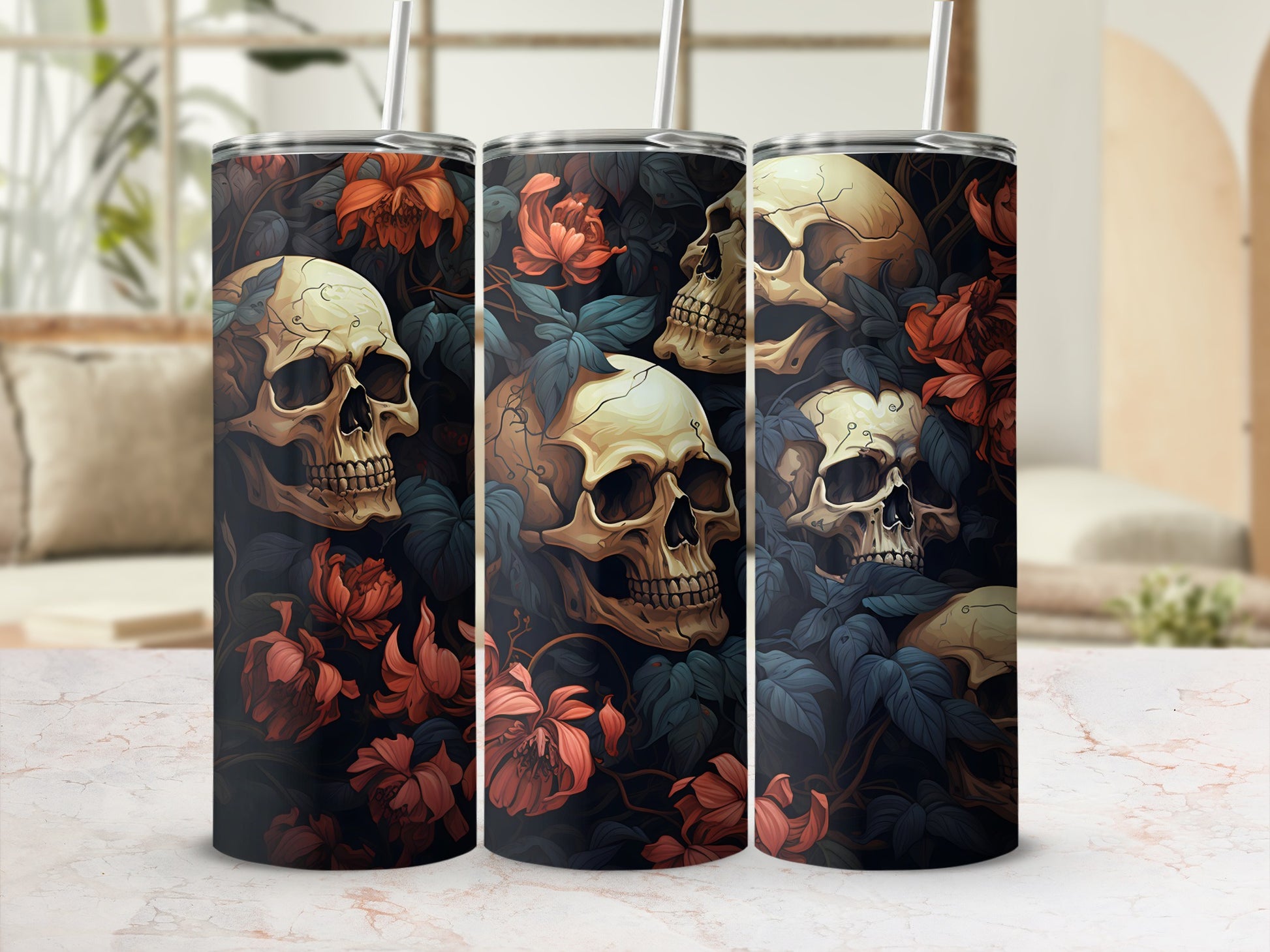 Skulls and dark red flowers on a patterned tumbler.