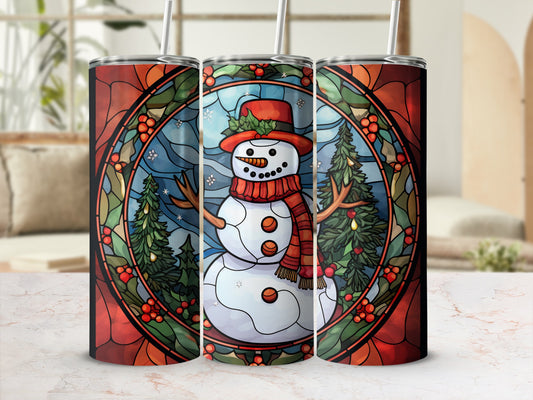 Snowman in stained glass design with scarf and hat.