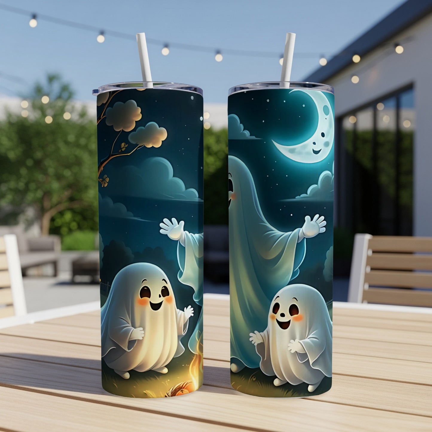 Two tumblers feature a Halloween-themed design with smiling ghosts, a moon, and a campfire.