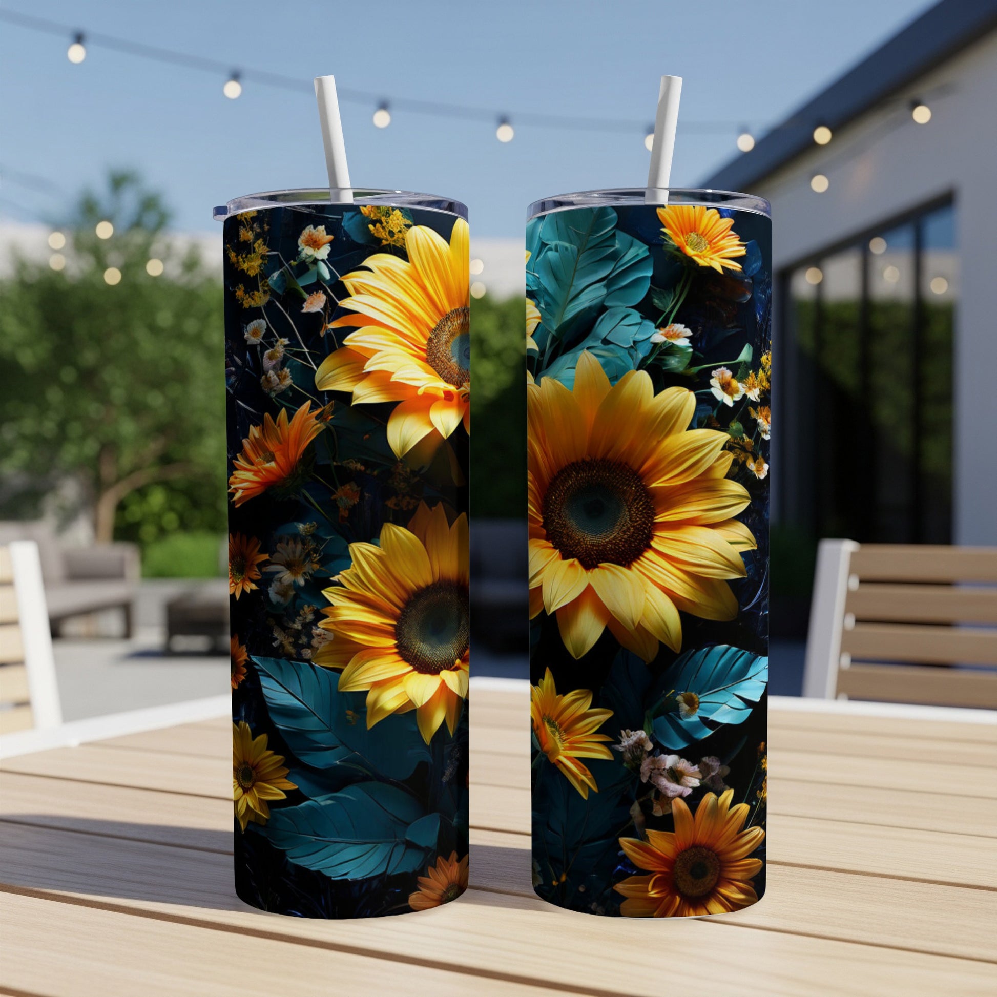 Two tumblers with sunflowers and dark green leaves on a table.