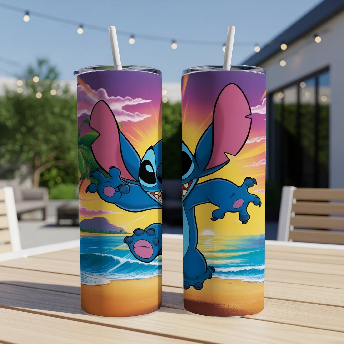 Two tumblers featuring Stitch on a beach at sunset.