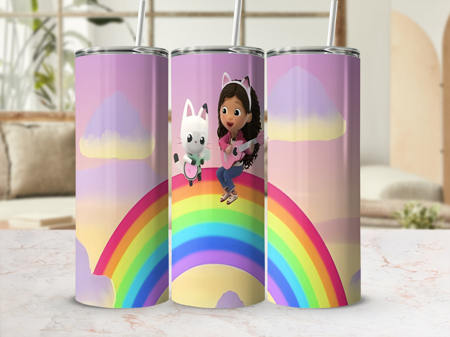 Gabby and Pandy Paws on a rainbow with colorful clouds.