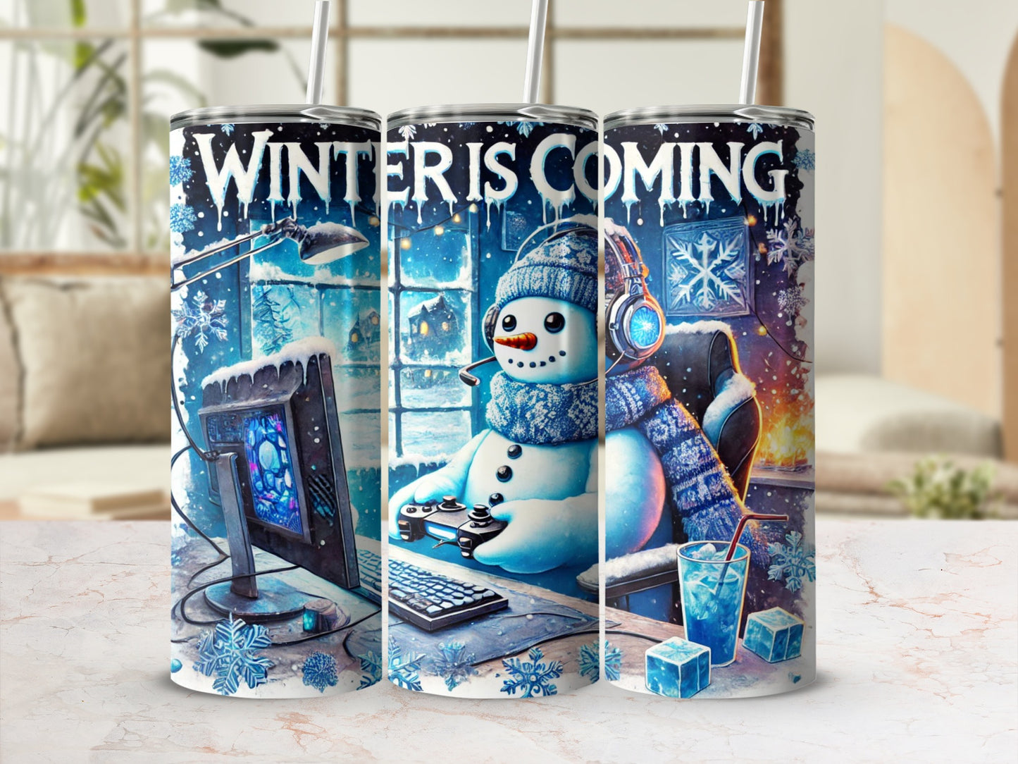 Snowman playing video games with "Winter is Coming" text.