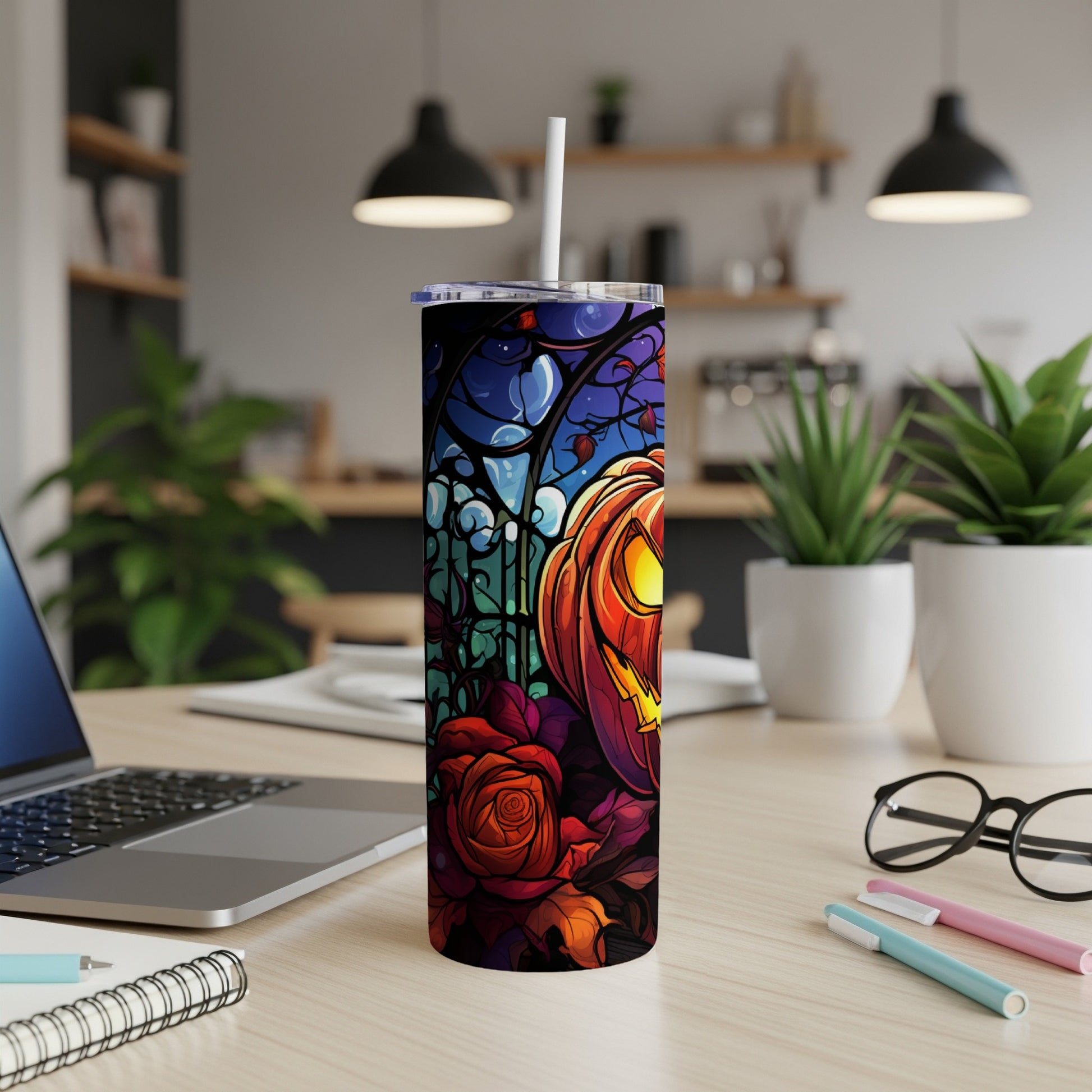 Halloween tumbler with jack-o'-lantern, roses, and dark floral design.