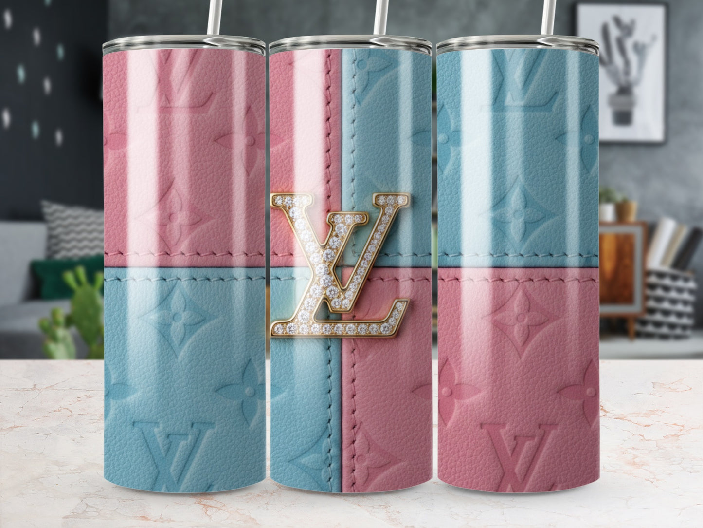 Stylish Pink and Blue Patterned Insulated Tumbler