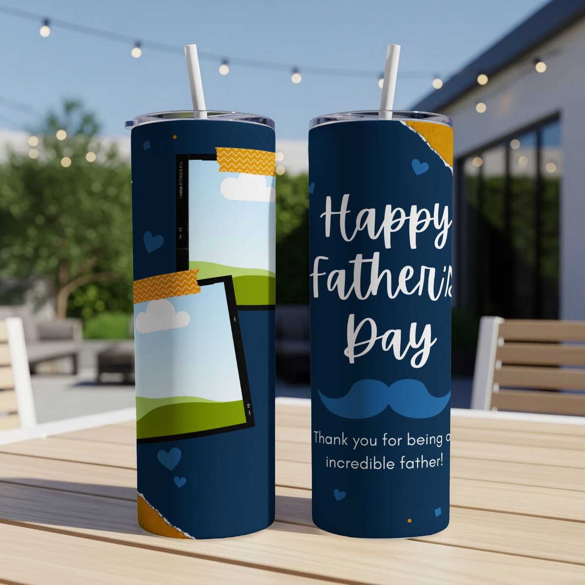 Navy blue tumblers with Father's Day messages and photo frames.