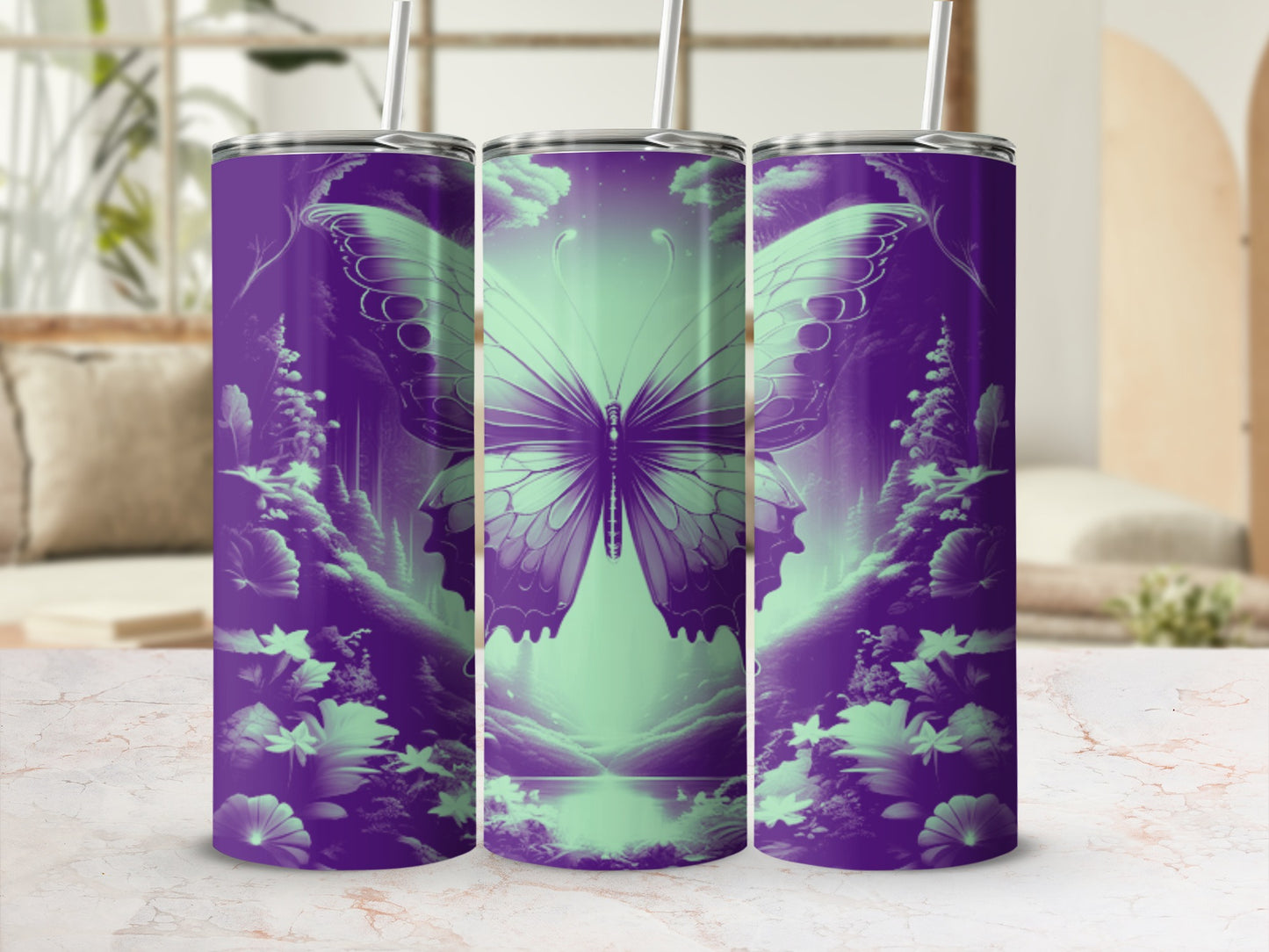 Purple and green butterfly design on three tumblers in a room.