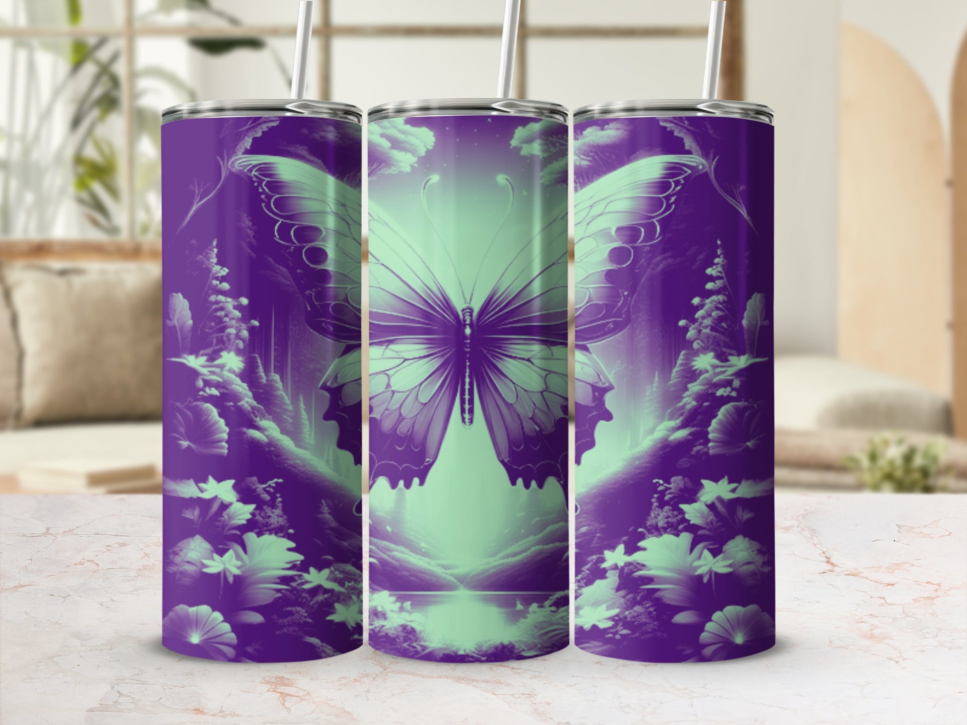 Purple and green butterfly design on three tumblers in a room.