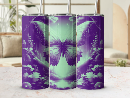 Purple and green butterfly design on three tumblers in a room.