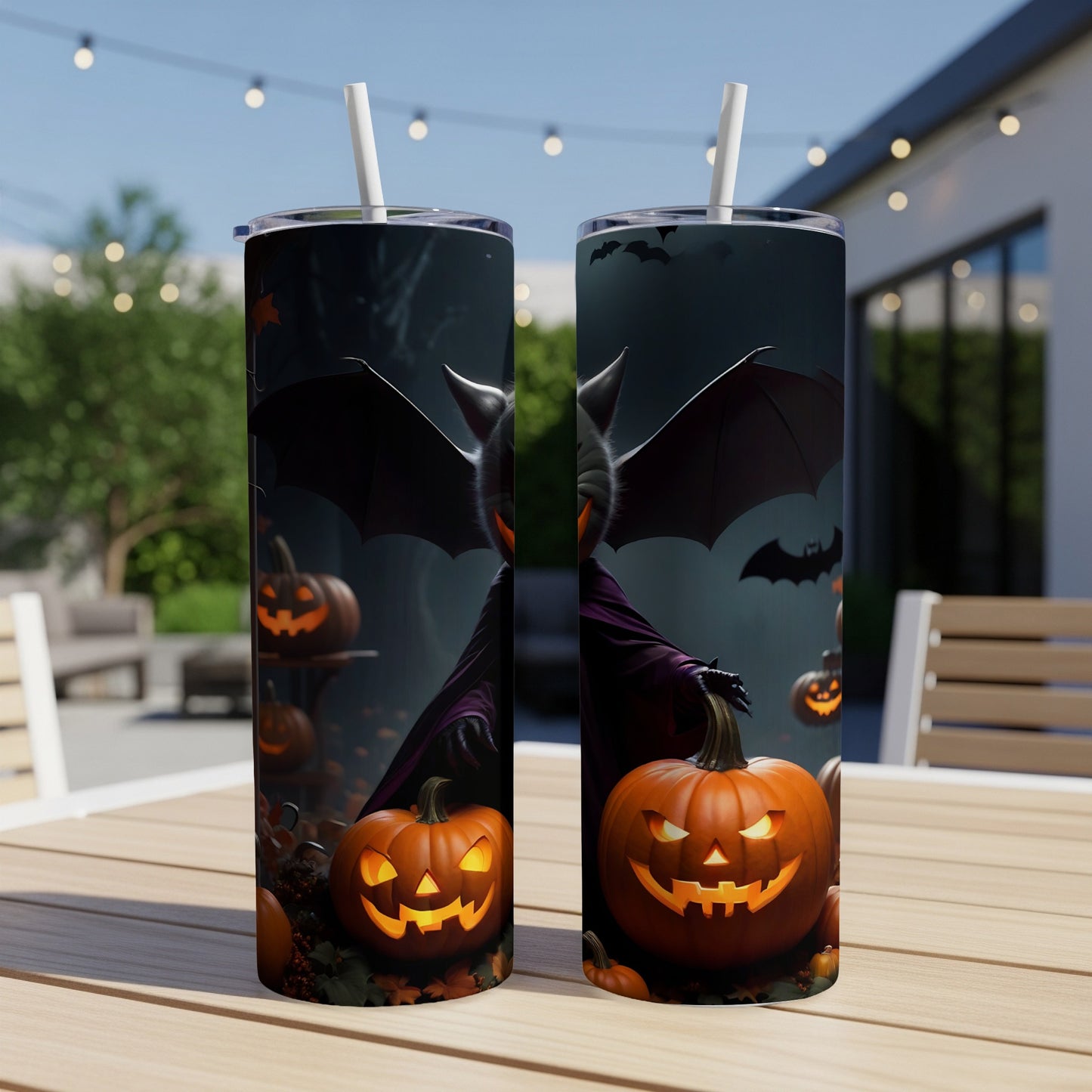 Two tumblers with a Halloween design featuring a bat-winged creature and jack-o'-lanterns.