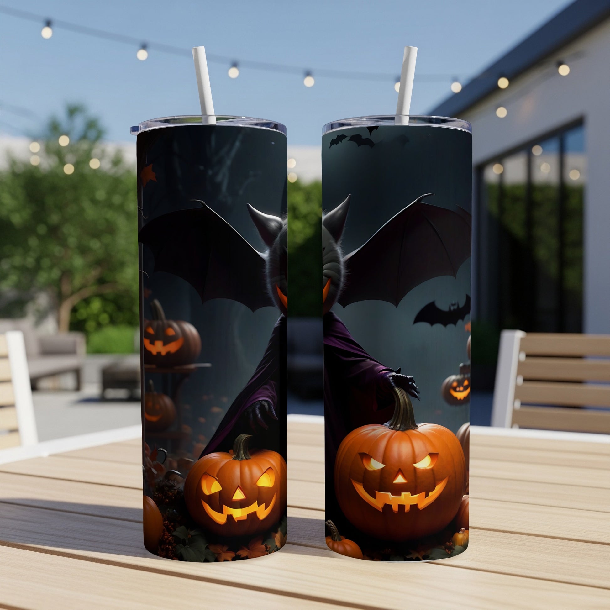 Two tumblers with a Halloween design featuring a bat-winged creature and jack-o'-lanterns.