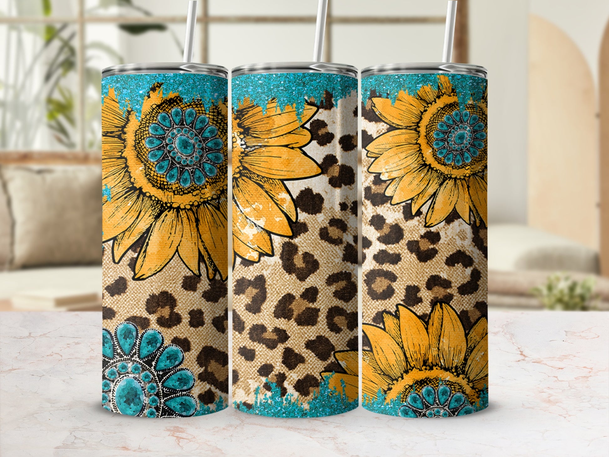 Three tumblers with sunflowers, leopard print, and turquoise glitter.