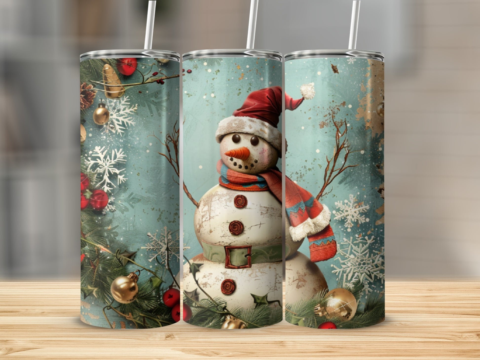 Snowman in Santa hat with scarf, surrounded by Christmas ornaments and snowflakes.