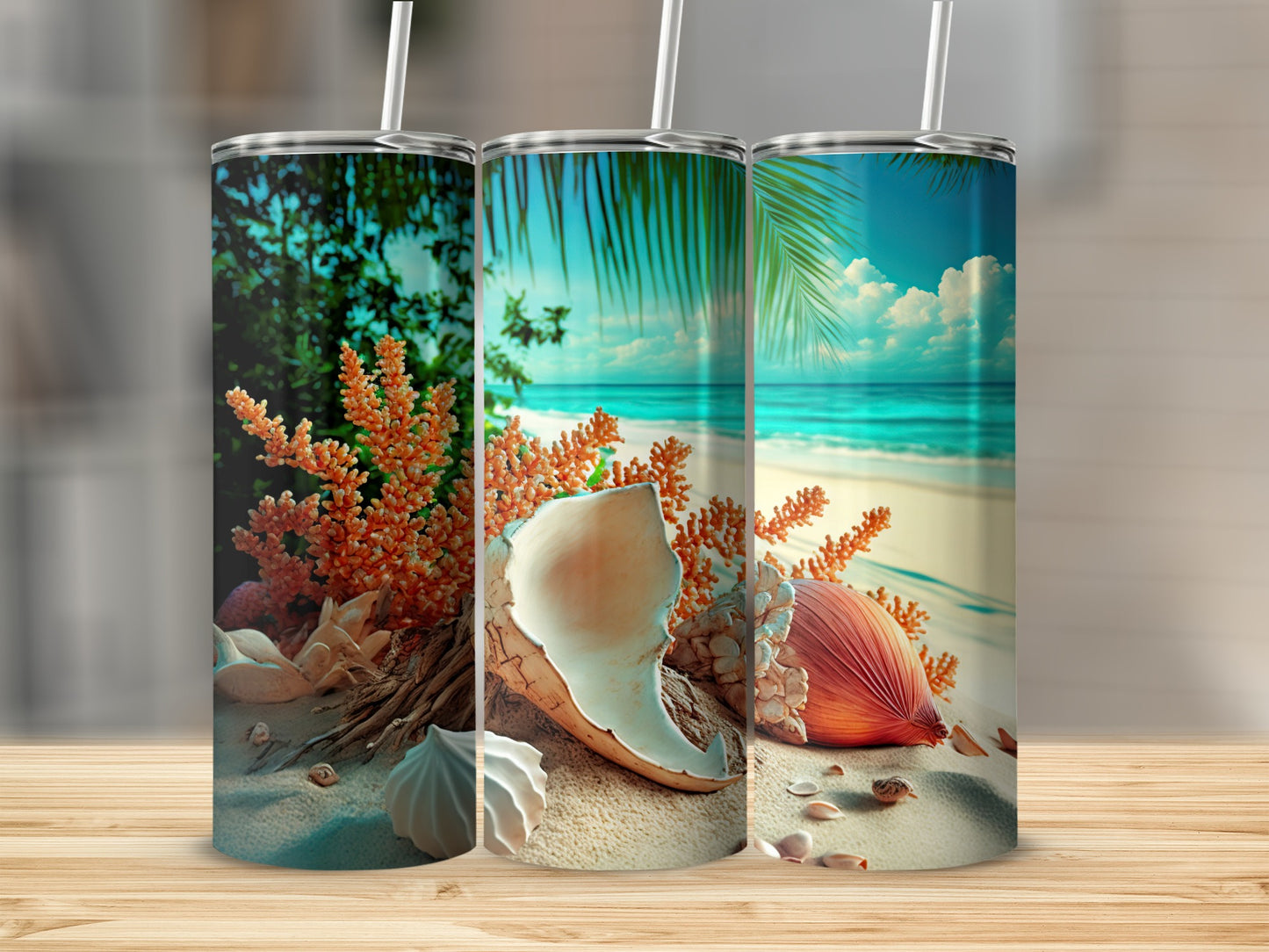 Tropical Beach Theme Tumbler with Seashells and Corals