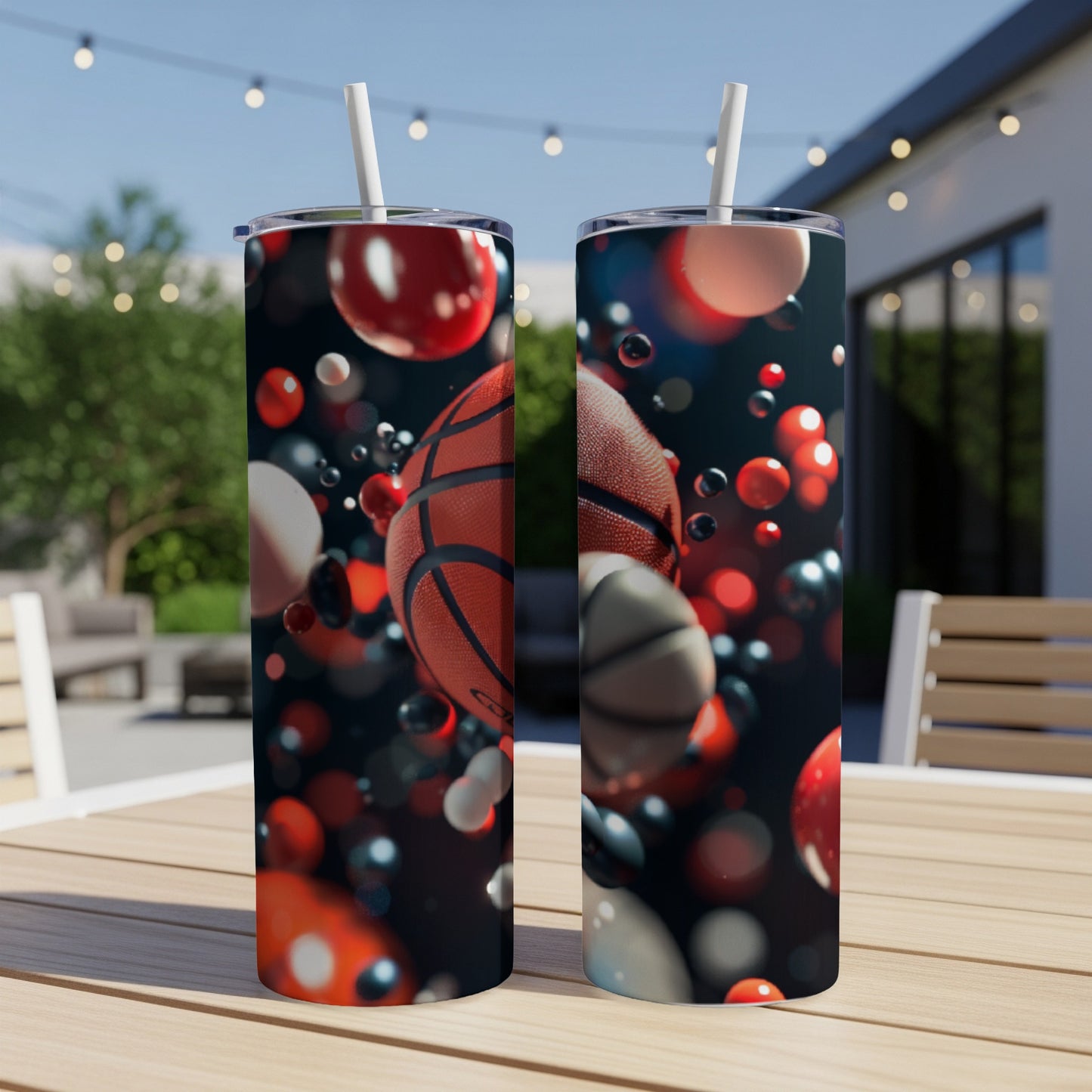 Two tumblers with a basketball and abstract spheres design.